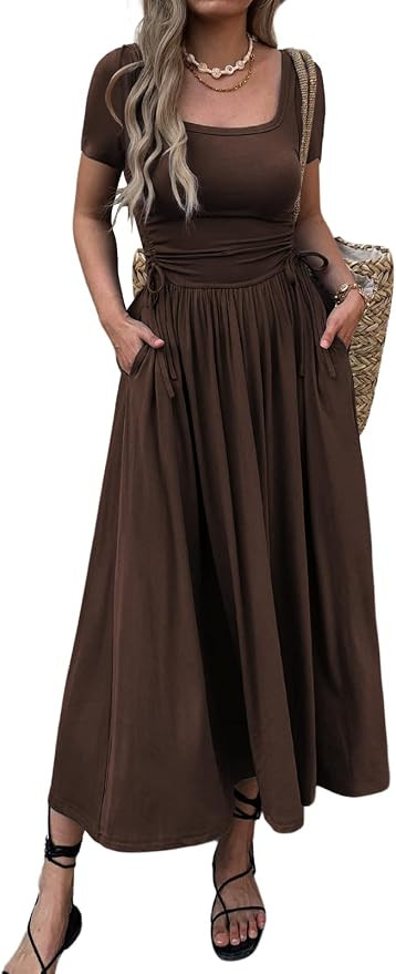 Mieazom Women’s Short Sleeve Maxi Dress Bodycon Long Dress Adjustable Waist Flowy Hem Stretch C... | Amazon (US)
