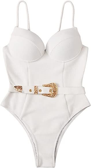 MakeMeChic Women's High Cut One Piece Swimsuit Belted Underwire Bathing Suit Swimwear | Amazon (US)