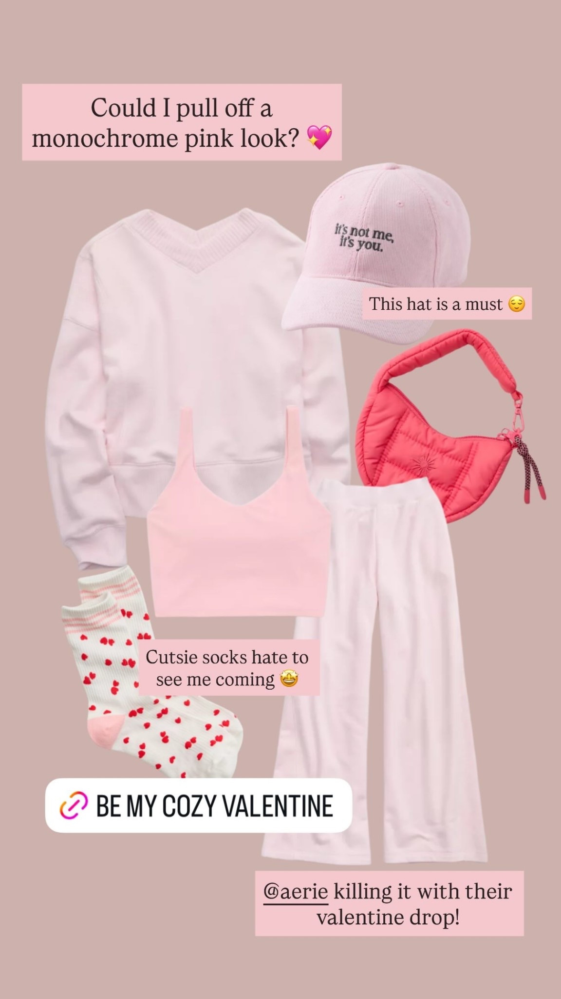 Could I pull off a monochrome pink look? 💖 This hat is a must 😌 Cutsie socks hate to see me coming 🤩 @aerie killing it with their valentine drop!