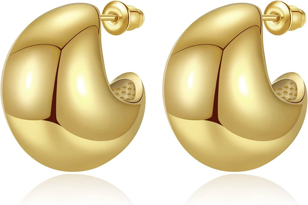 Chunky Gold Hoop Earrings for Women, Lightweight Open Thick Hoops with 18K Real Gold Plated, Hypo... | Amazon (US)