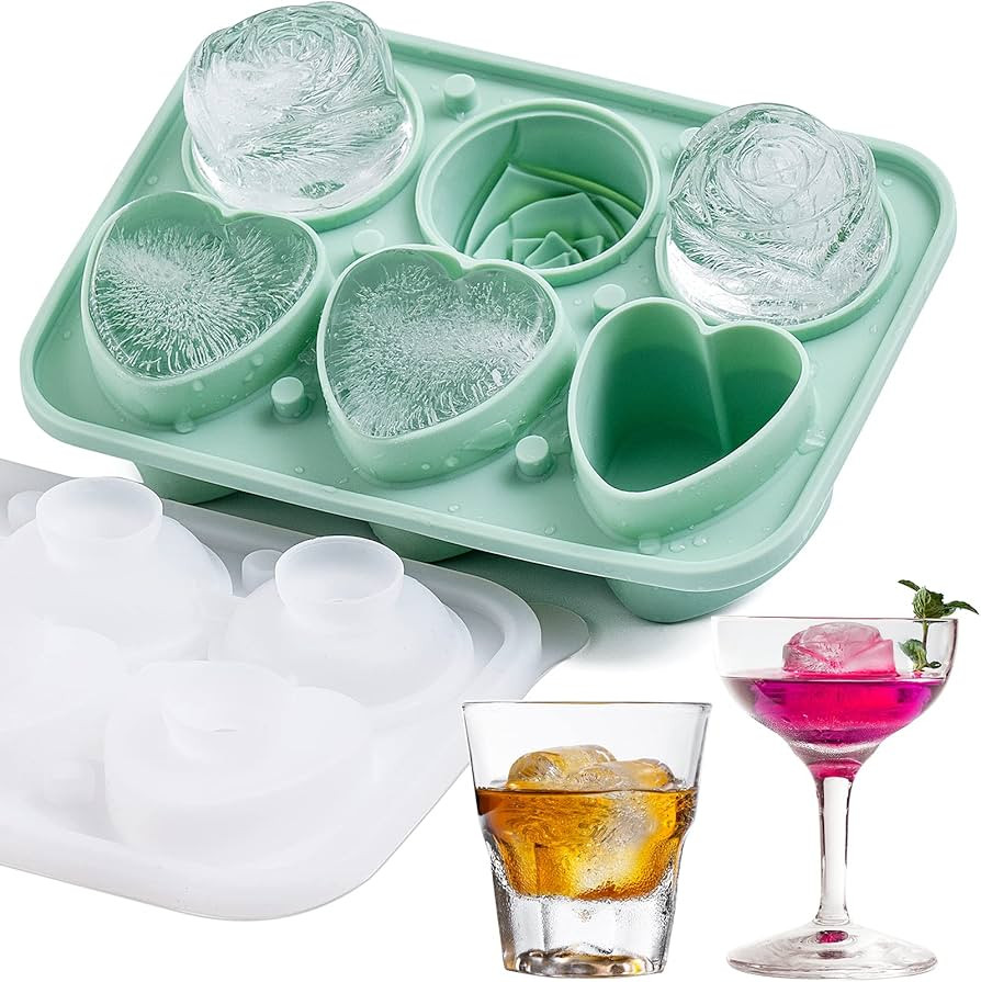 3 Rose & 3 Heart Shaped Ice Cube Tray, MEETRUE Silicone Ice Cube Tray with Clear Funnel-type Lid ... | Amazon (US)