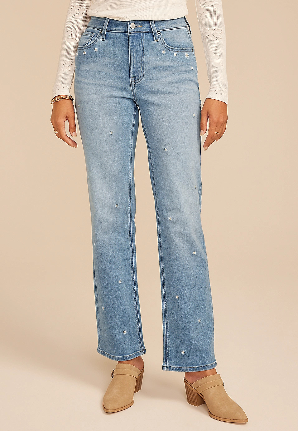 Daisy Embroidered High Rise Relaxed Straight Jean | Maurices