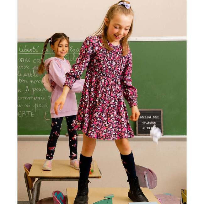 Ditsy Floral Print Woven Long Puffy Sleeve Dress, Dark Navy | Maisonette