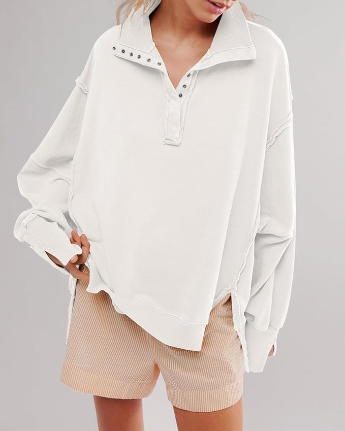 Oversized Sweatshirt for Women,Long Sleeve Button Collared Henley Sweat Shirts Pullover Tops | Amazon (US)