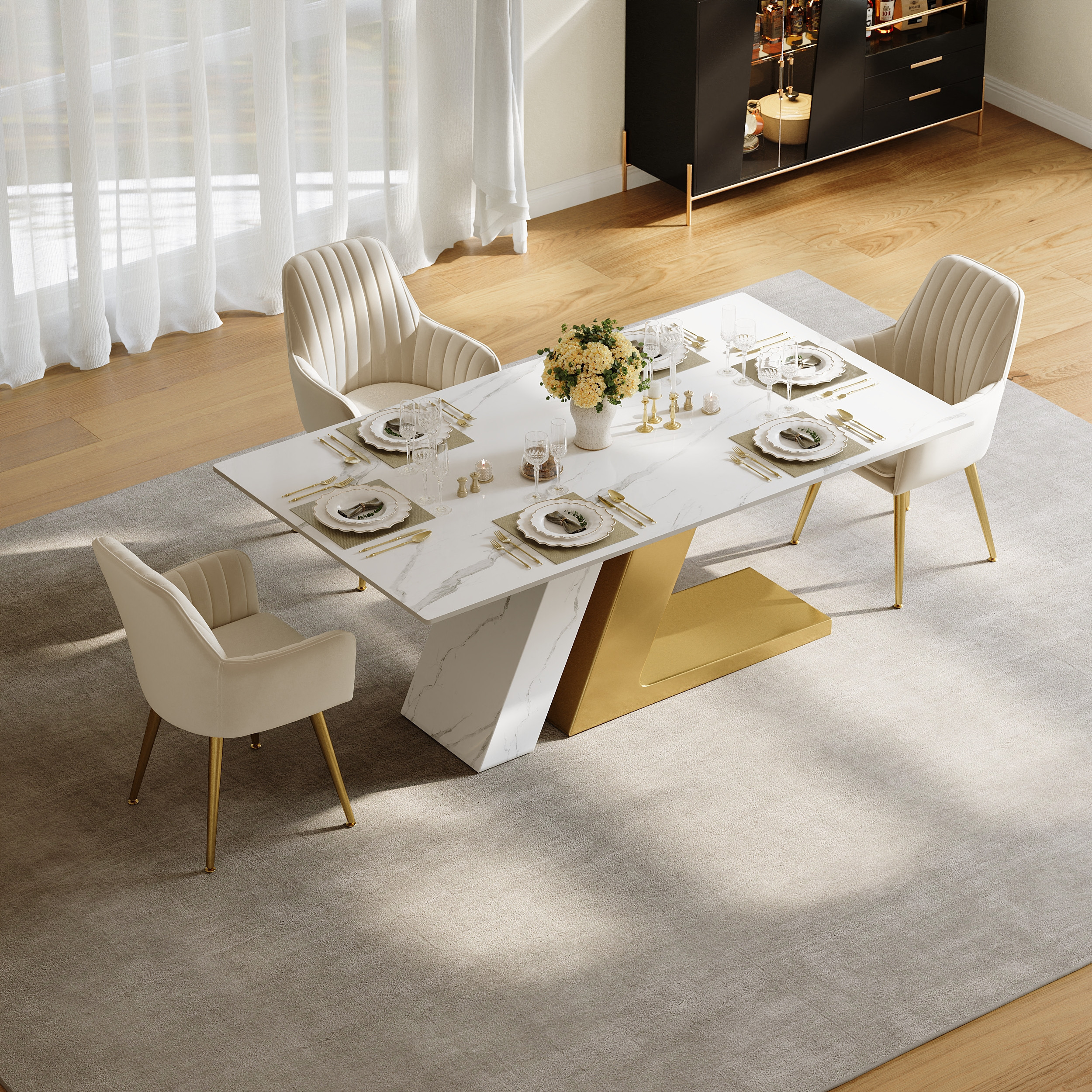 Luxotic Modern 63"" White Dining Table for 6 Rectangle Sintered Stone & Stainless Steel | Homary