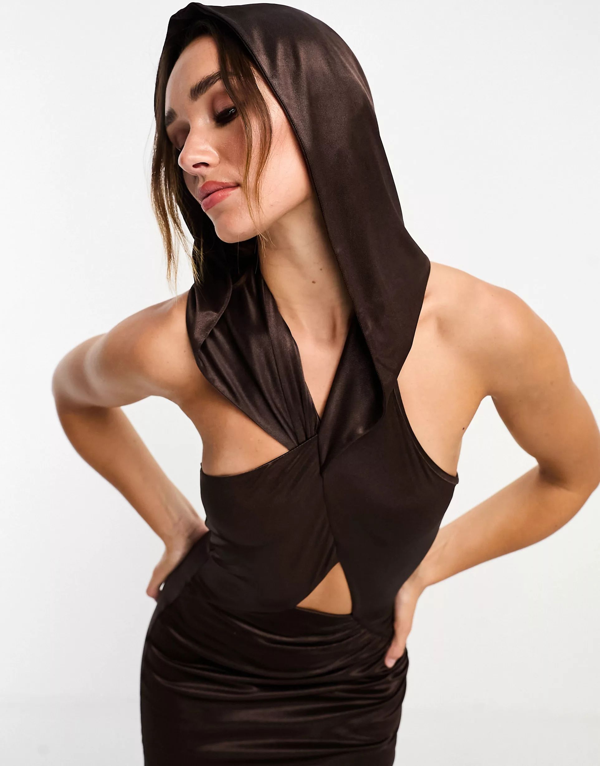 ASOS DESIGN wrap over hood midi dress in chocolate | ASOS (Global)