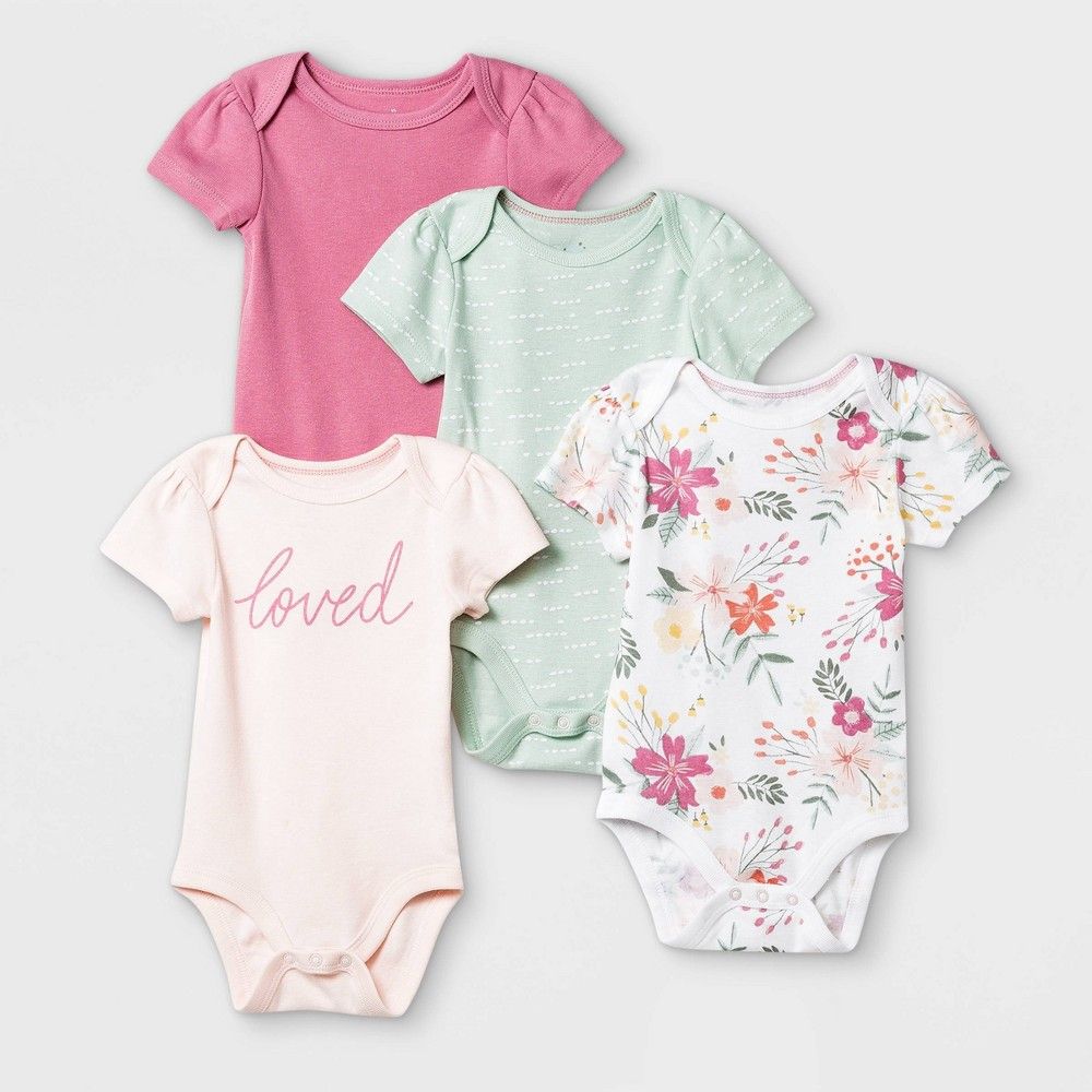 Baby Girls' 4pk Meadow Short Sleeve Bodysuit - Cloud Island Pink/White/Green 18M | Target