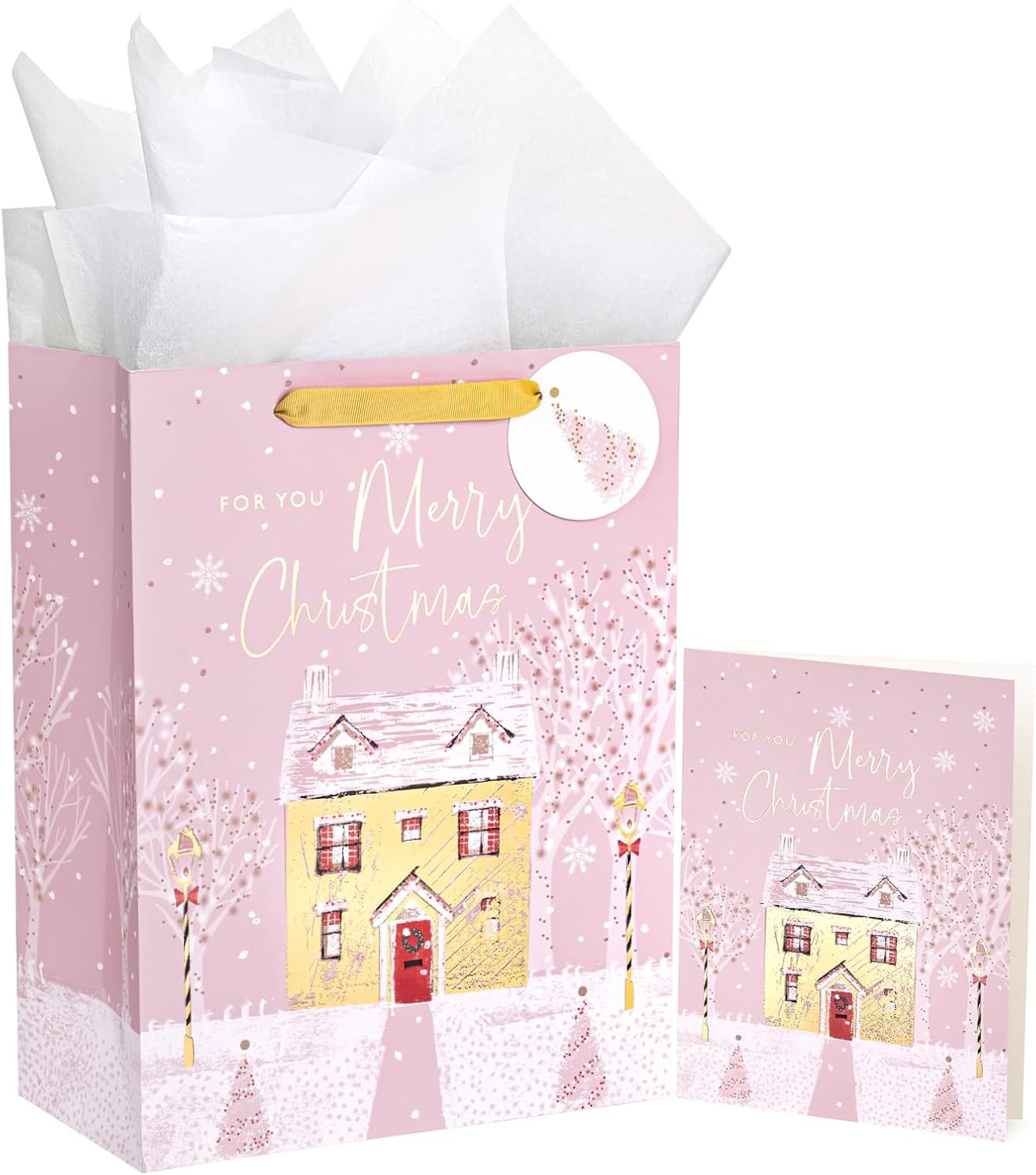 WRAPAHOLIC 13" Christmas Large Gift Bag with Card and Tissue Paper - Pink Snow House with Gold Foil | Amazon (US)