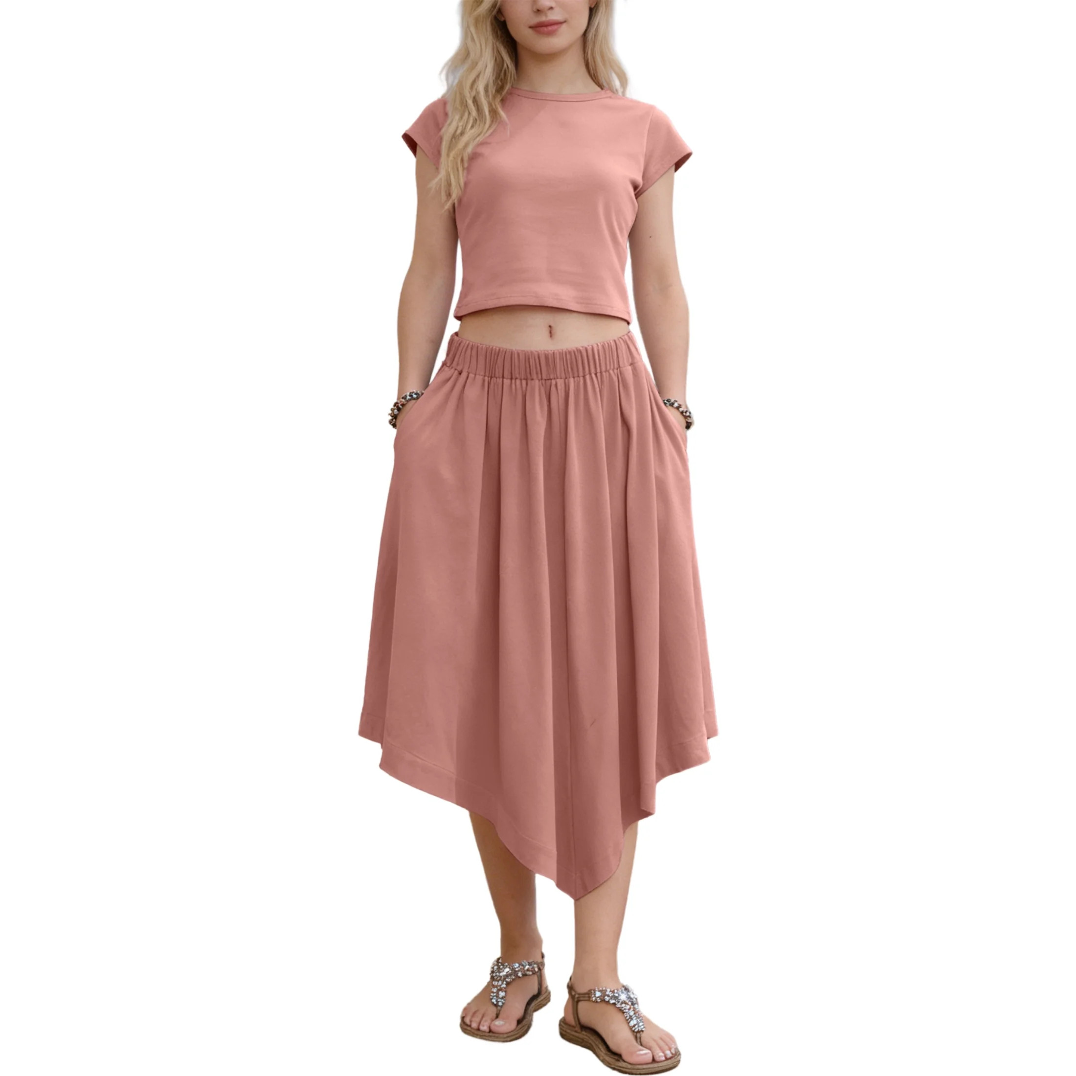 Womens 2 Piece Skirt Sets Crop Baby Tee Low Waist Midi Skirt Outfits Casual Matching Dress Set | Walmart (US)