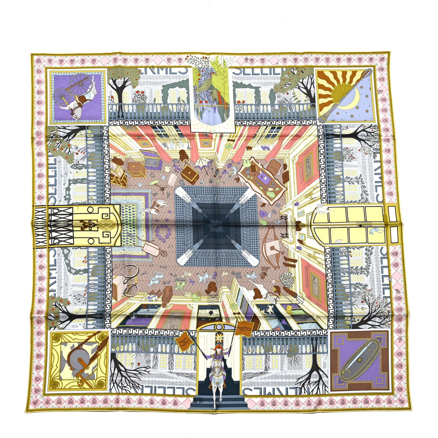 Silk Objets de Curiosite Scarf 90 Bleu Gris Jaune Soufre Rose | FASHIONPHILE (US)