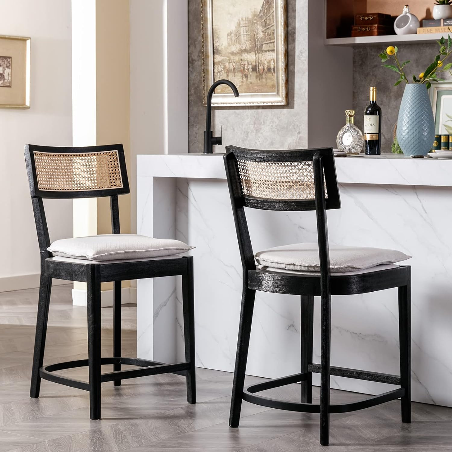 Rattan Counter Height Bar Stools, 26'' Modern Counter Stools with Cane Back, Mid Century Bar Chai... | Amazon (US)