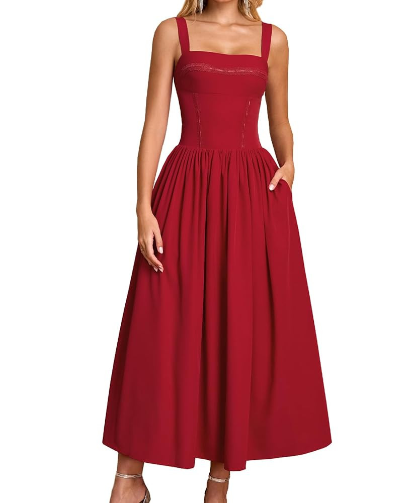 XinFSh Women's Summer Gingham Midi Dress Square Neck Flowy Lace Corset Dresses Garden Patry Picni... | Amazon (US)