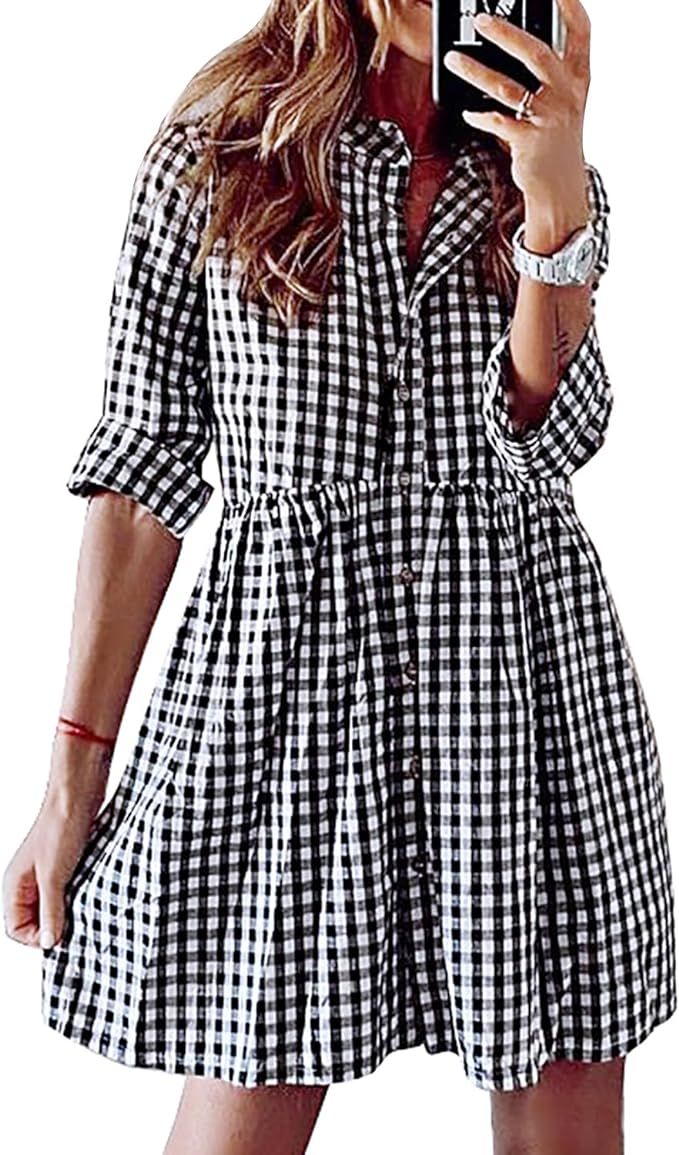 FANCYINN Women's Gingham Stand Collar Shirt Dress Button Down Casual Long Sleeve Tie Sleeves Mini... | Amazon (US)