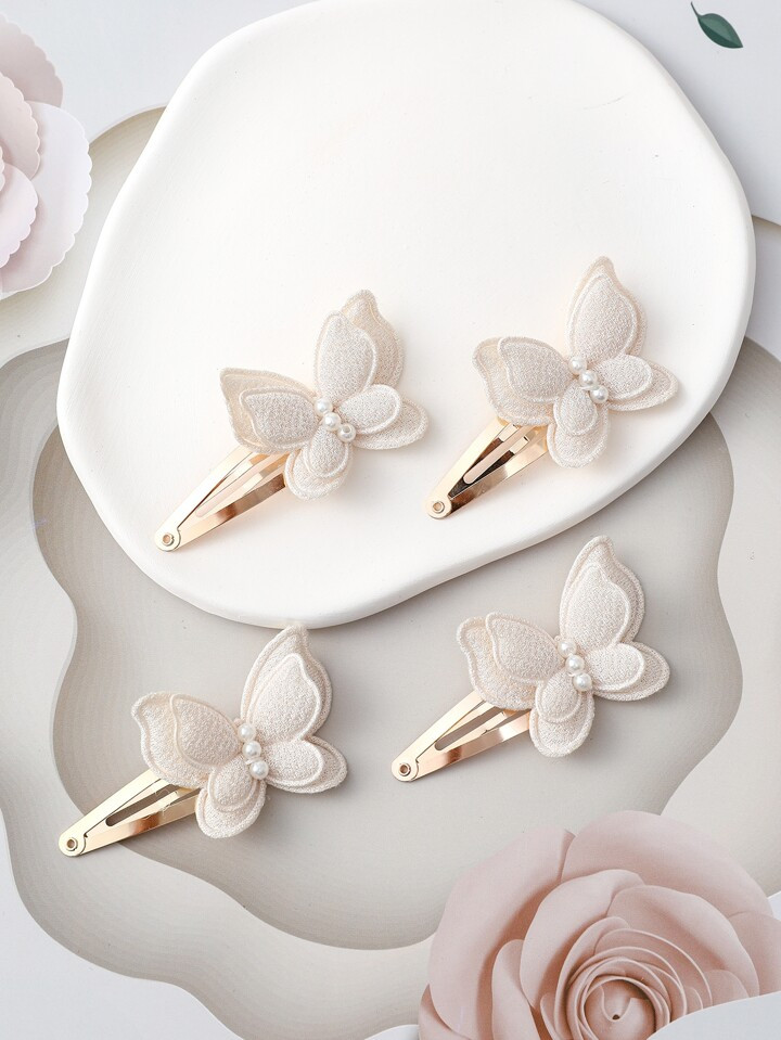 4pcs Toddler Girls Butterfly & Faux Pearl Decor Snap Clip | SHEIN