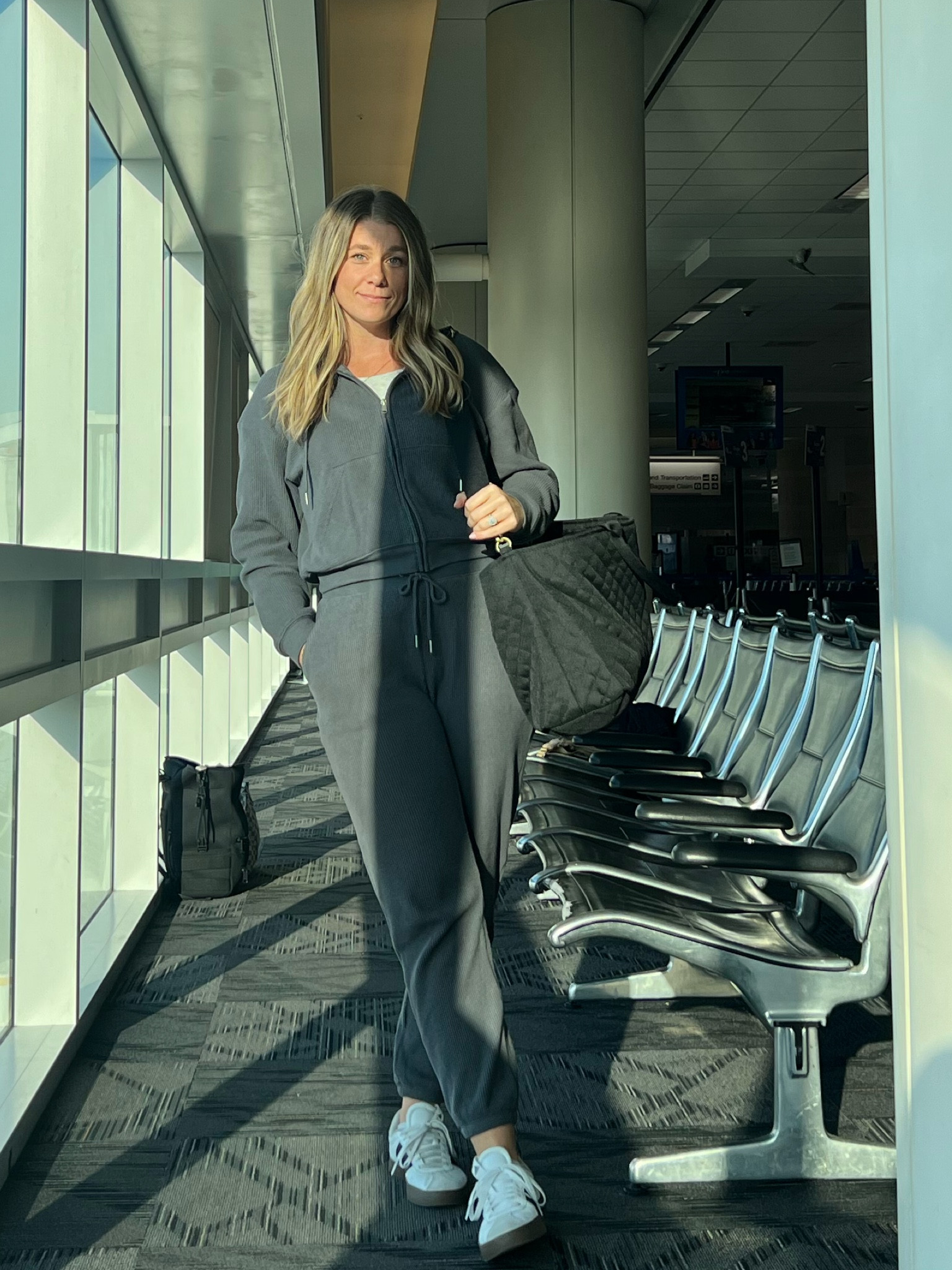 The perfect waffle jogger set. Crossbody Tote bag is X large in black quilted 