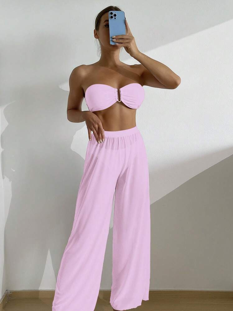 SHEIN Swim Women's Solid Color Simple Daily Bikini Set With Separable Design, 3pcs Summer | SHEIN