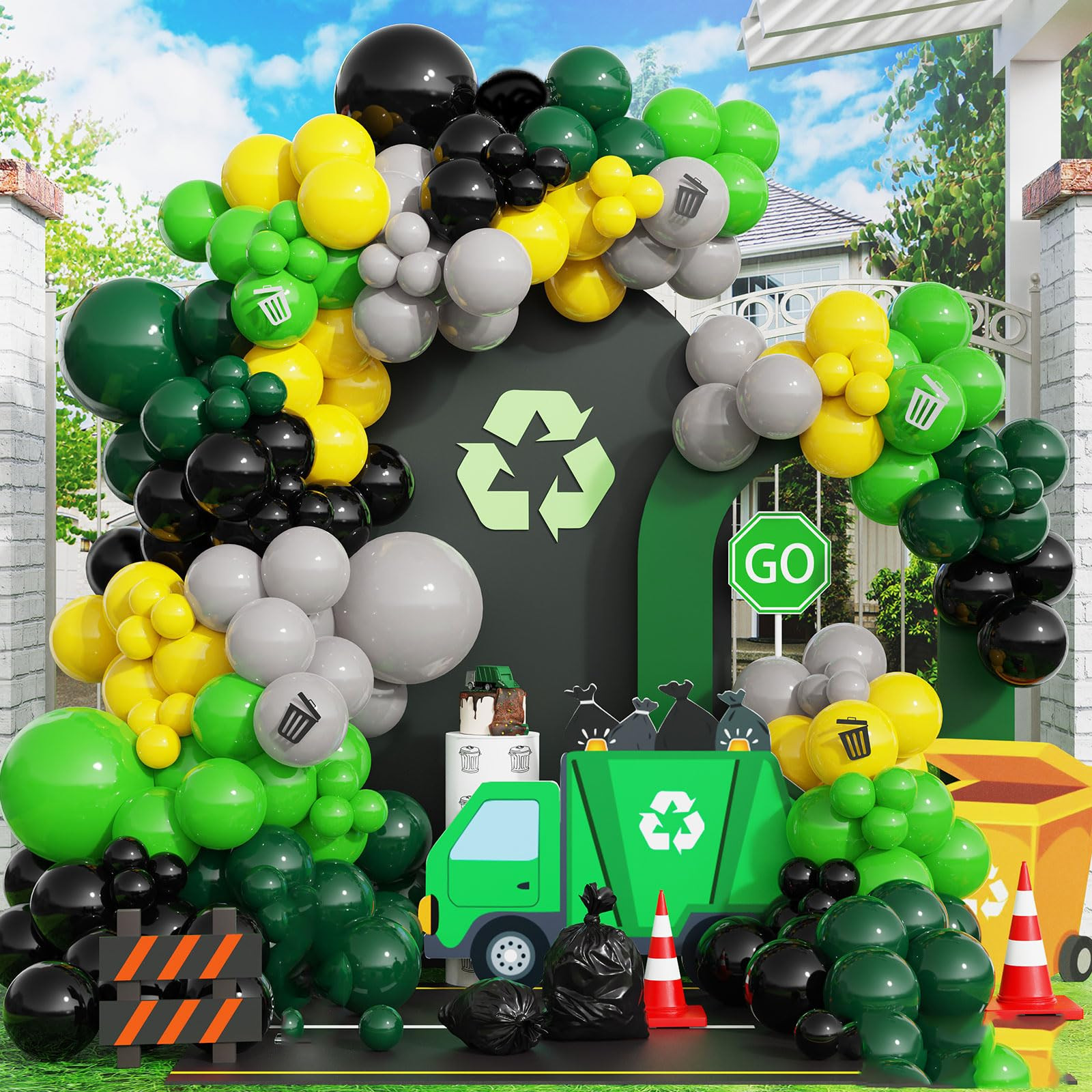 181pcs Garbage Truck Birthday Decorations, Recycling Truck Birthday Decor Green Black Yellow Balloons Garland Arch Kit for Boys Waste Management Recycling Party Supplies | Amazon (US)