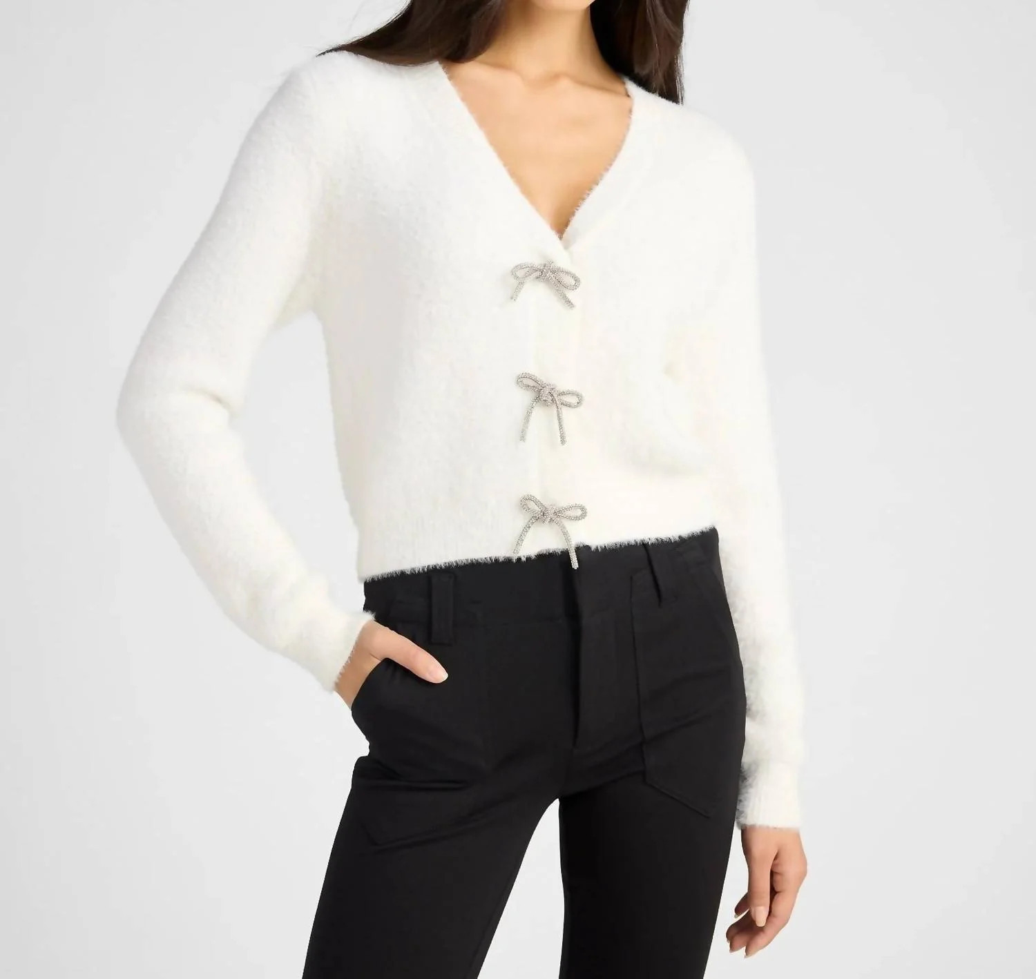 Porcelain Cardigan With Rhinestone Bows In Ivory | Shop Simon