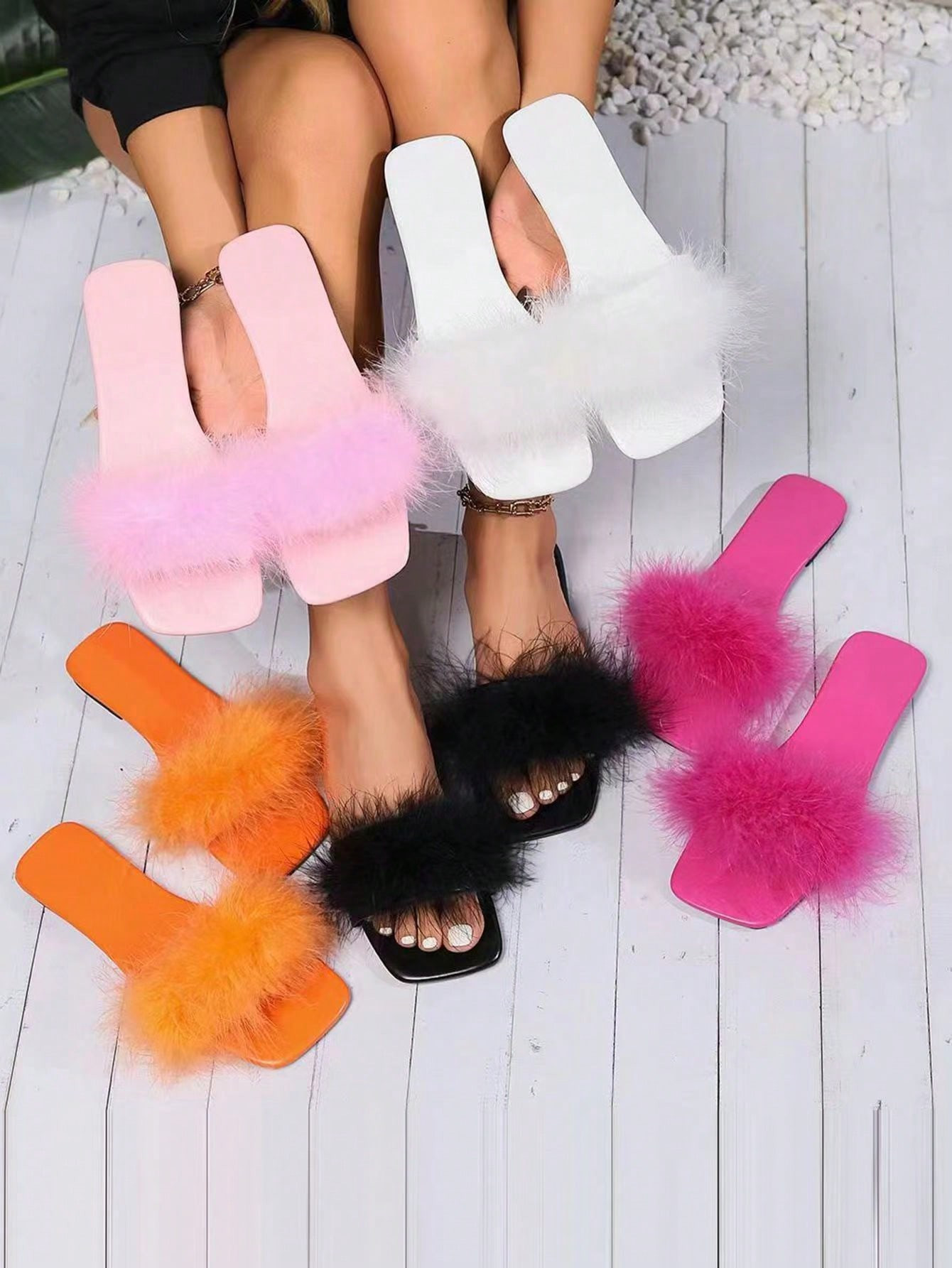 Women Fluffy Decor Flat Sandals, Glamorous Brown Slide Sandals | SHEIN USA | SHEIN