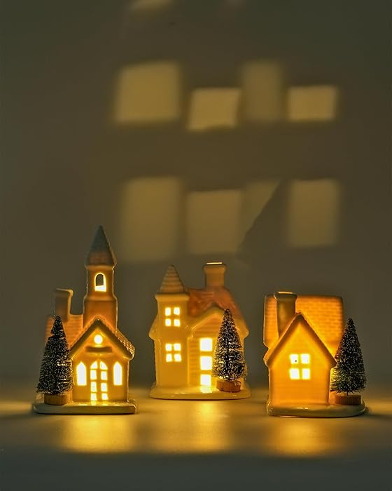 DN DECONATION Light up Christmas Decor Ceramic Village Houses, 3Pcs White Christmas Porcelain Vil... | Amazon (US)