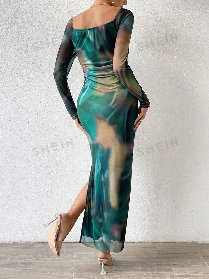 SHEIN BAE Tie Dye Off Shoulder Ruched Split Thigh Dress | SHEIN