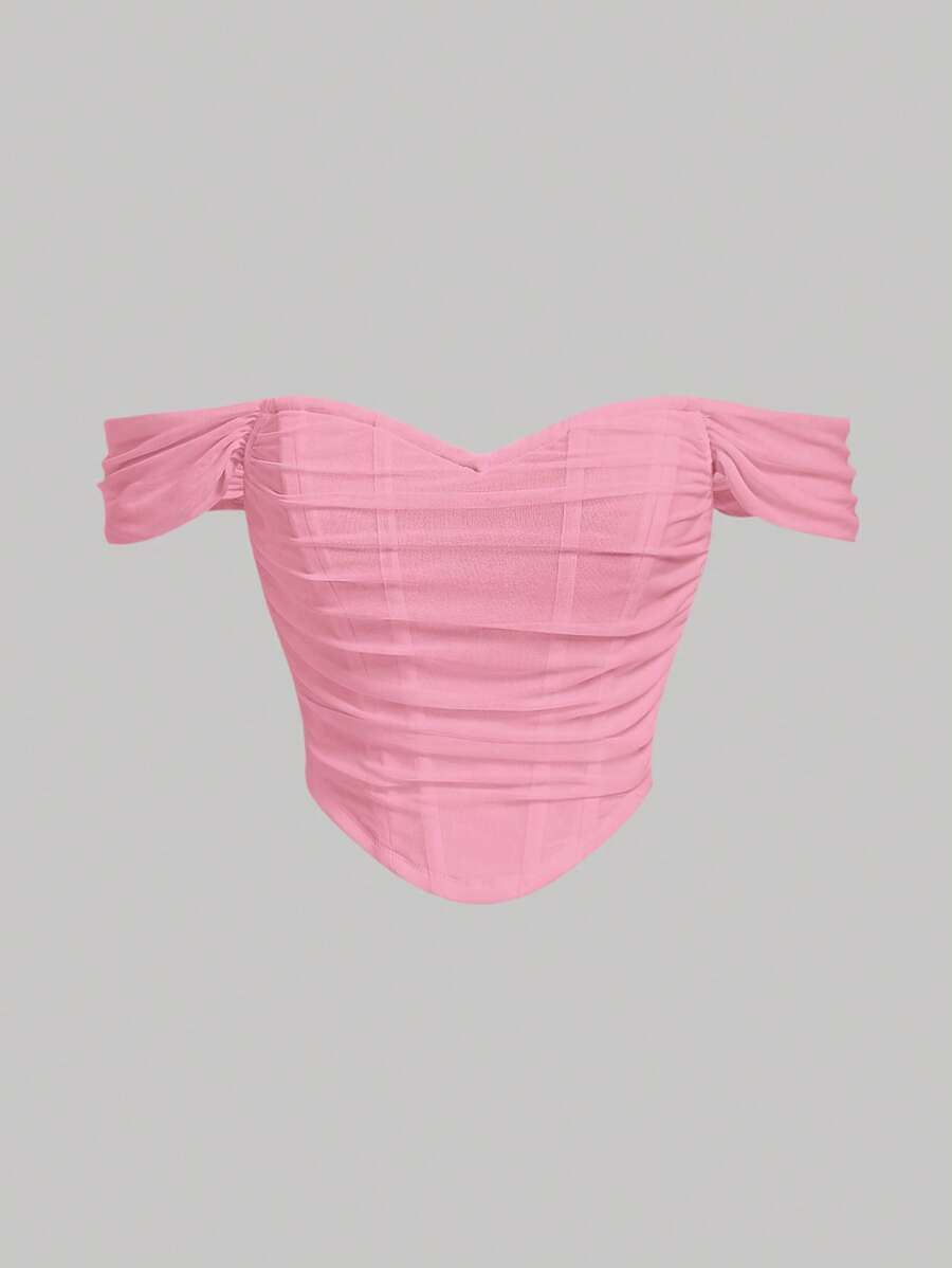 SHEIN MOD Off Shoulder Fish Bone Decoration Ruched Waist Pink Mesh Top | SHEIN