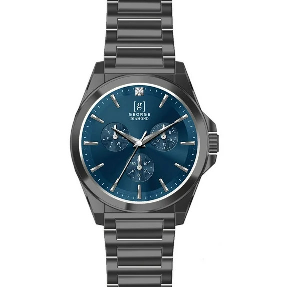 George Men's 41mm Gunmetal Tone Blue Dial Genuine Diamond Bracelet Watch | Walmart (US)