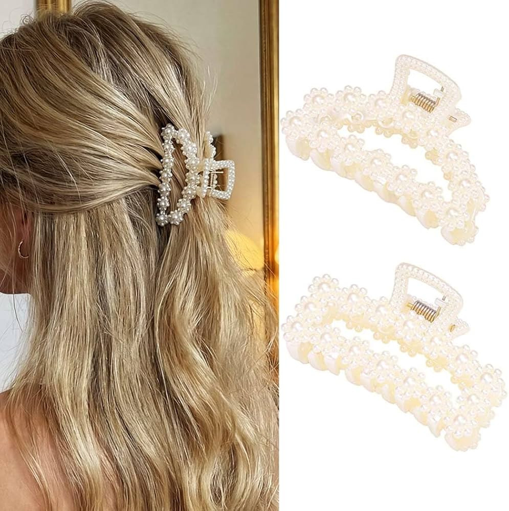 CAKURE Pearl Hair Clips White Medium Claw Clips Non Slip Hair Accessories for Women (Pack of 2) | Amazon (US)