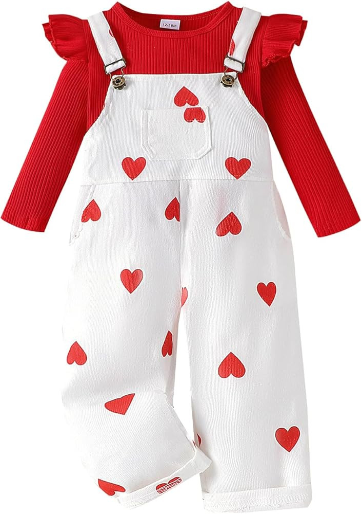 Toddler Baby Girl Valentine's Day Clothes Ruffled Sleeves Top Heart Bell Bottoms Flared Overalls ... | Amazon (US)