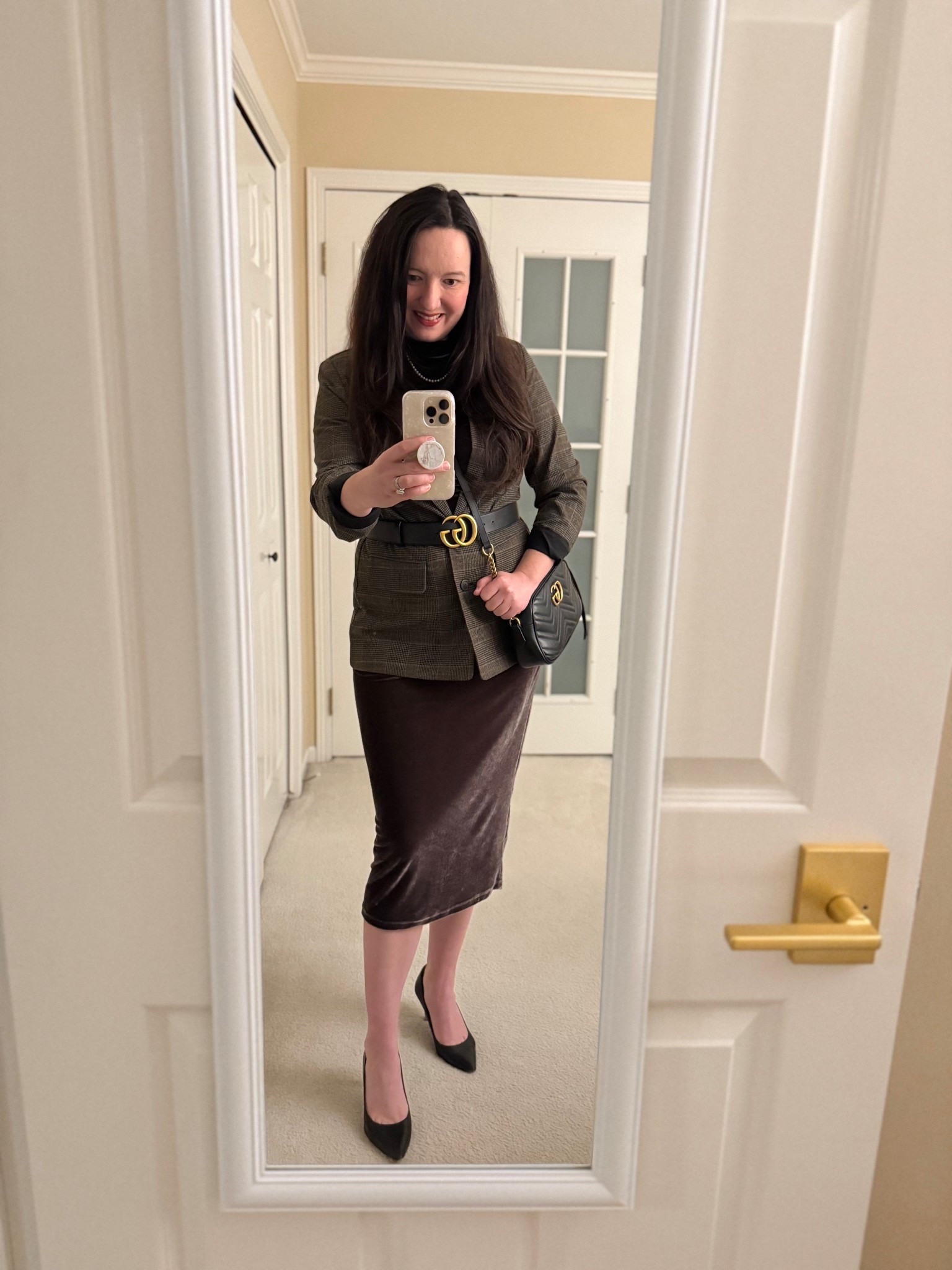 Fall work outfit idea! Layering and pairing different textures elevates the fall vibe!  Pair a chic blazer with a velvet dress and belt the blazer for a fun fall look.

Dress is from a prior season from Target and blazer is from last year from Old Navy, but very similar items are linked!  I don’t know whey Gucci stopped carrying the darker gold logo version of my bag online, which matches the linked belt they still carry, but I’ve linked a used one.

#LTKWorkwear #LTKSeasonal #LTKStyleTip