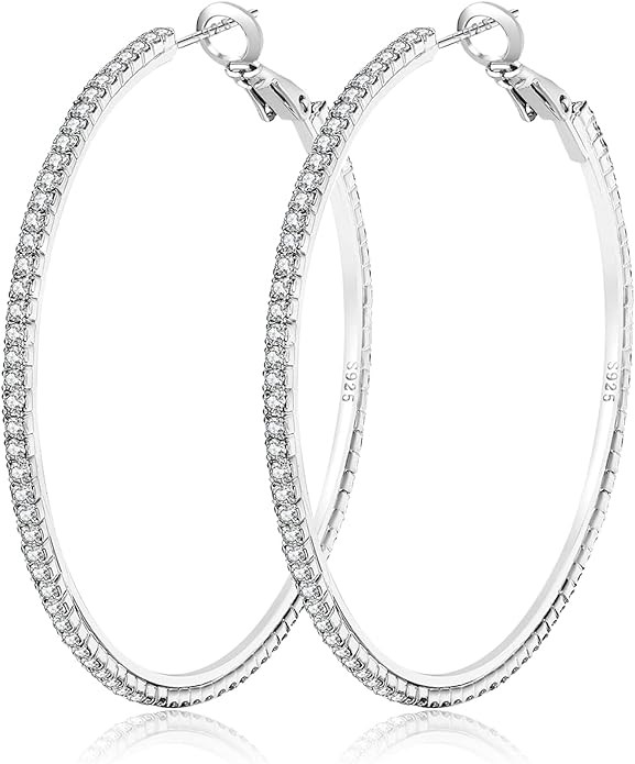 925 Sterling Silver Earrings Large Rhinestone Hoop Earrings Big Cubic Zirconia Hoop Earrings Thin... | Amazon (US)