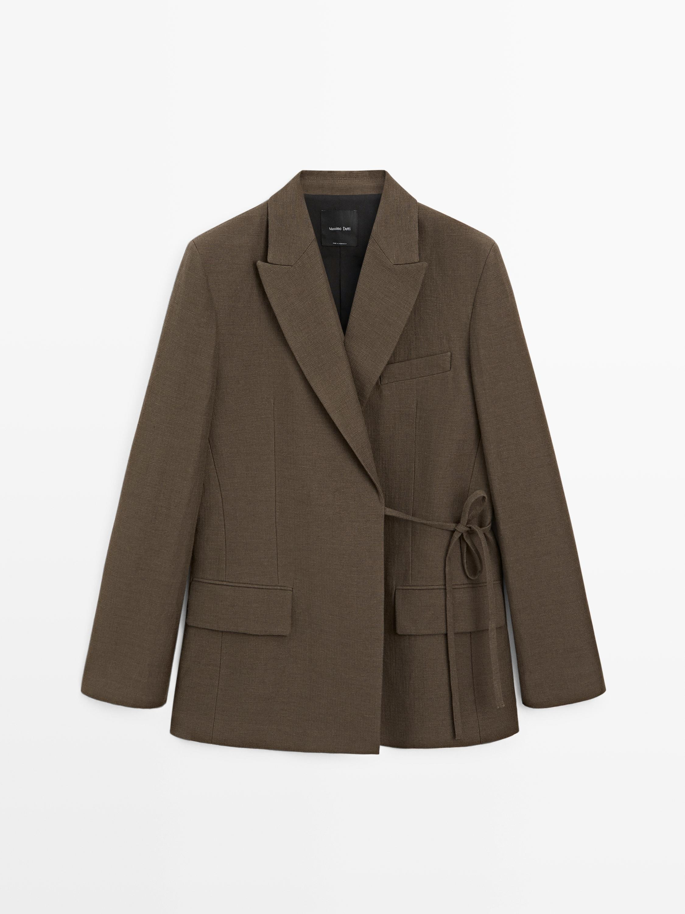 Double-breasted cotton blend blazer with tie detail | Massimo Dutti UK