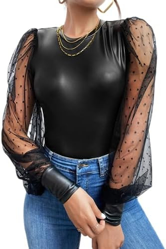 WDIRARA Women's Faux Leather Sheer Puff Long Sleeve Slim Top PU Crew Neck Blouse | Amazon (US)