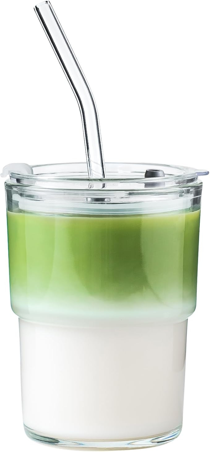 13oz Glass Tumbler with Straw and Lid, Reusable Iced Coffee Cup Tumbler, Cute Glass Cups for Wate... | Amazon (US)