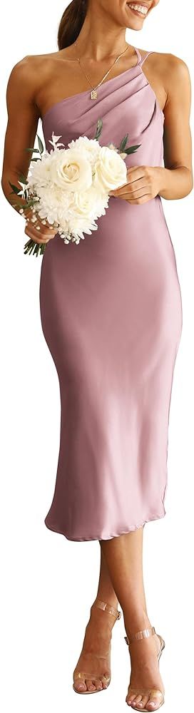PRETTYGARDEN Women's Midi Satin Dress One Shoulder Spaghetti Strap Backless Ruched Summer Bodycon... | Amazon (US)