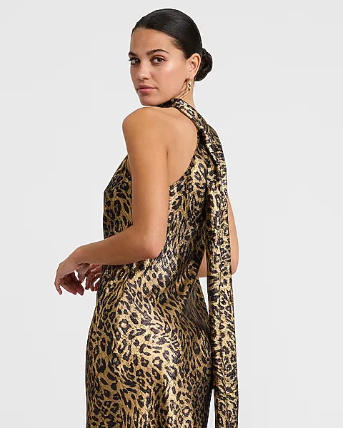 Leopard Metallic Satin Halter Scarf Midi Slip Dress | Express