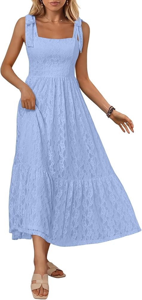 LILLUSORY Womens Maxi Summer Flowy Lace Dresses Casual Smocked Spring Outfits Y2k Clothes 2025 Fa... | Amazon (US)
