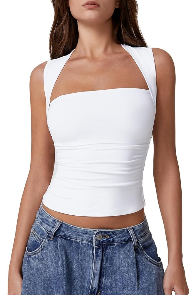 QINSEN Womens Square Neck Tank Tops Side Ruched Double Lined Slim Fit Summer Going Out Crop Top | Amazon (US)