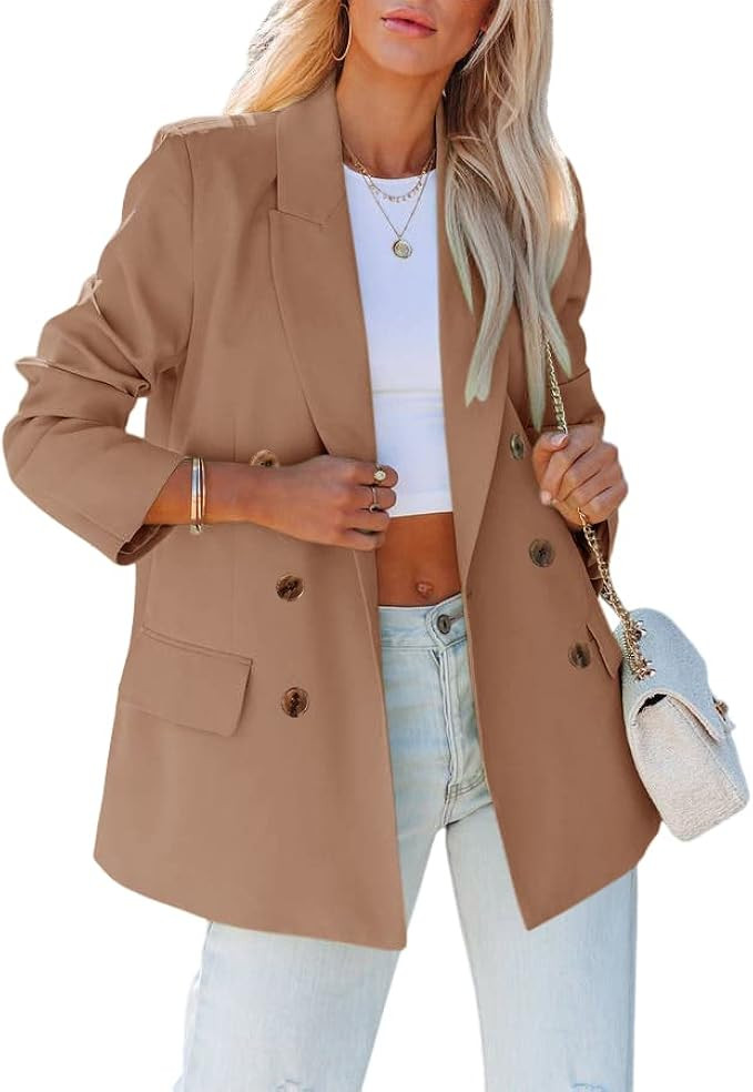 Cnkwei Womens Casual Blazers Double Breasted Lapel Collar Long Sleeve Work Office Jackets | Amazon (US)
