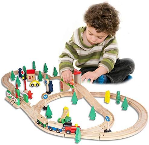 Funpeny 60 Pcs Wooden Train Set Toys,Train Tracks Sets for Kids&Toddlers | Amazon (US)