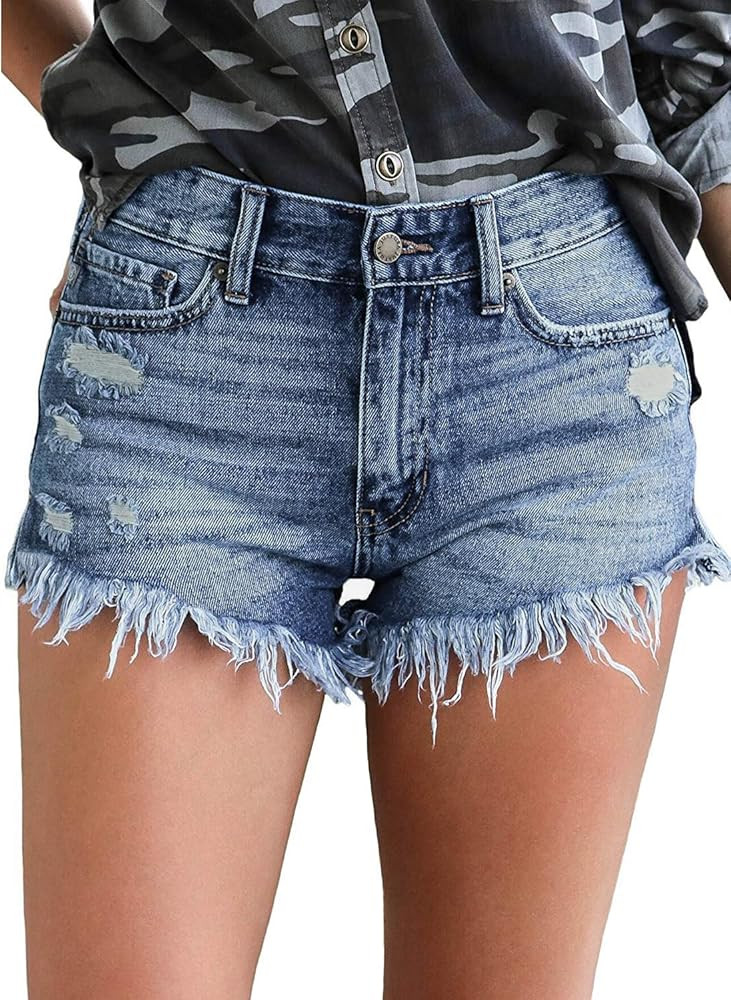 luvamia Women's Casual Denim Shorts Frayed Raw Hem Ripped Jeans Shorts | Amazon (US)