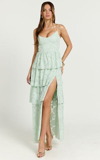 Janezkie Maxi Dress - Femme Tiered Jacquard Formal Dress in Mint | Showpo (US, UK & Europe)