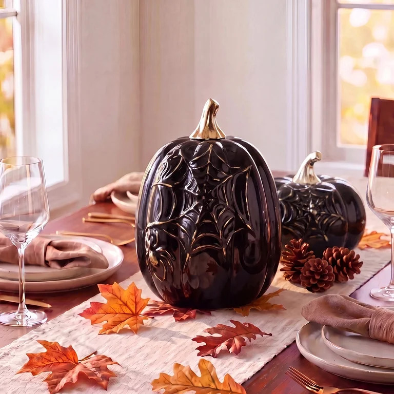 My Texas House Halloween Large Stoneware Spiderweb Pumpkin Tabletop Decoration, Black and Gold, 7... | Walmart (US)