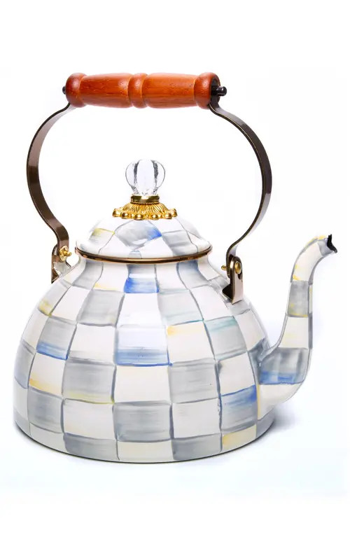 MACKENZIE CHILDS Sterling Check Enameled Steel 3-Quart Tea Kettle in Grey/white at Nordstrom | Nordstrom