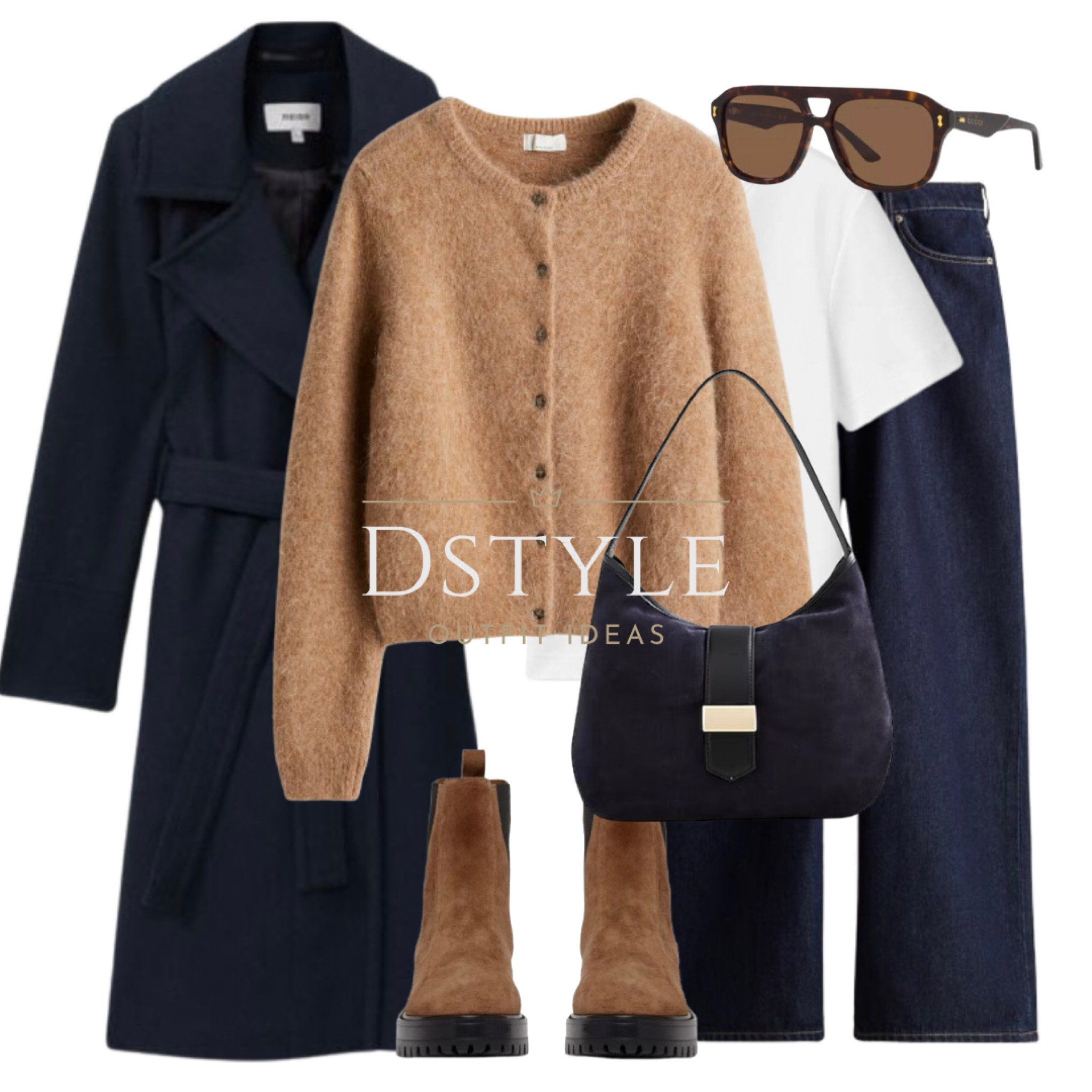 Navy coat with cashmere, white tee, dark beige alpaca blend cardigan, wide denim trousers, navy suede bag, brown water-resistant suede Chelsea boots, GUCCI sunglasses

#LTKShoeCrush #LTKStyleTip #LTKWorkwear