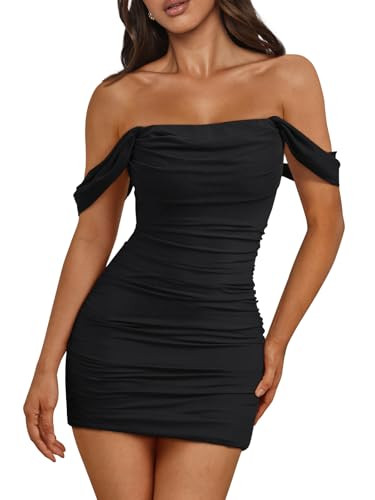 Trendy Queen Womens Mesh Off The Shoulder Ruched Mini Dresses Summer Party Bodycon Short Dress | Amazon (US)