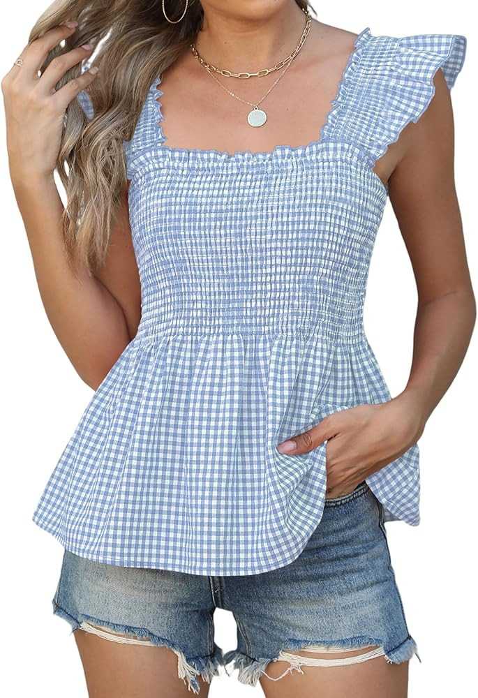 LOMON Womens Tank Tops Fashion Summer Ruffle Flying Sleeve Smocked Blouses Square Neck Sleeveless... | Amazon (US)