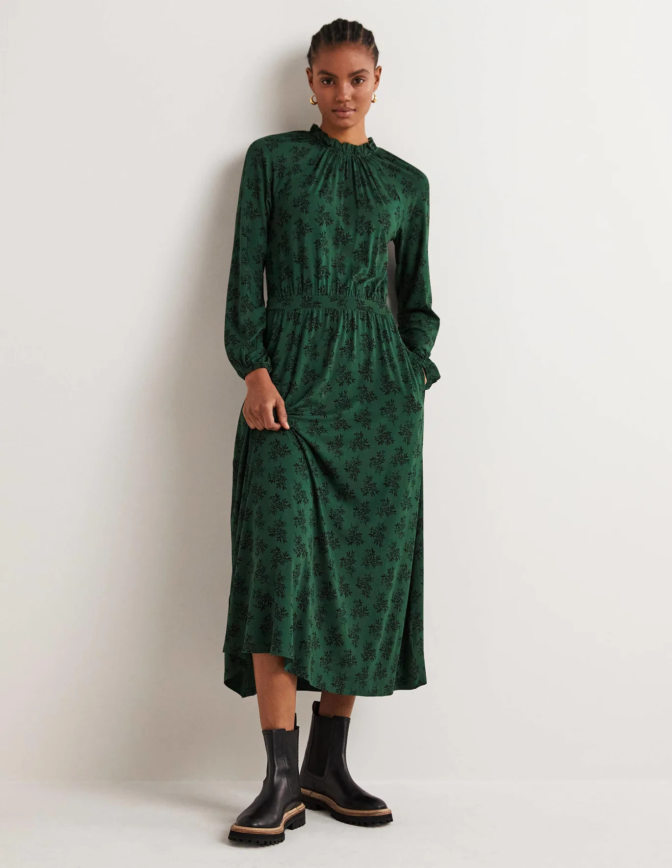 Ruffle Neck Jersey Midi Dress - Hunter Green, Pretty Blossom | Boden (US)