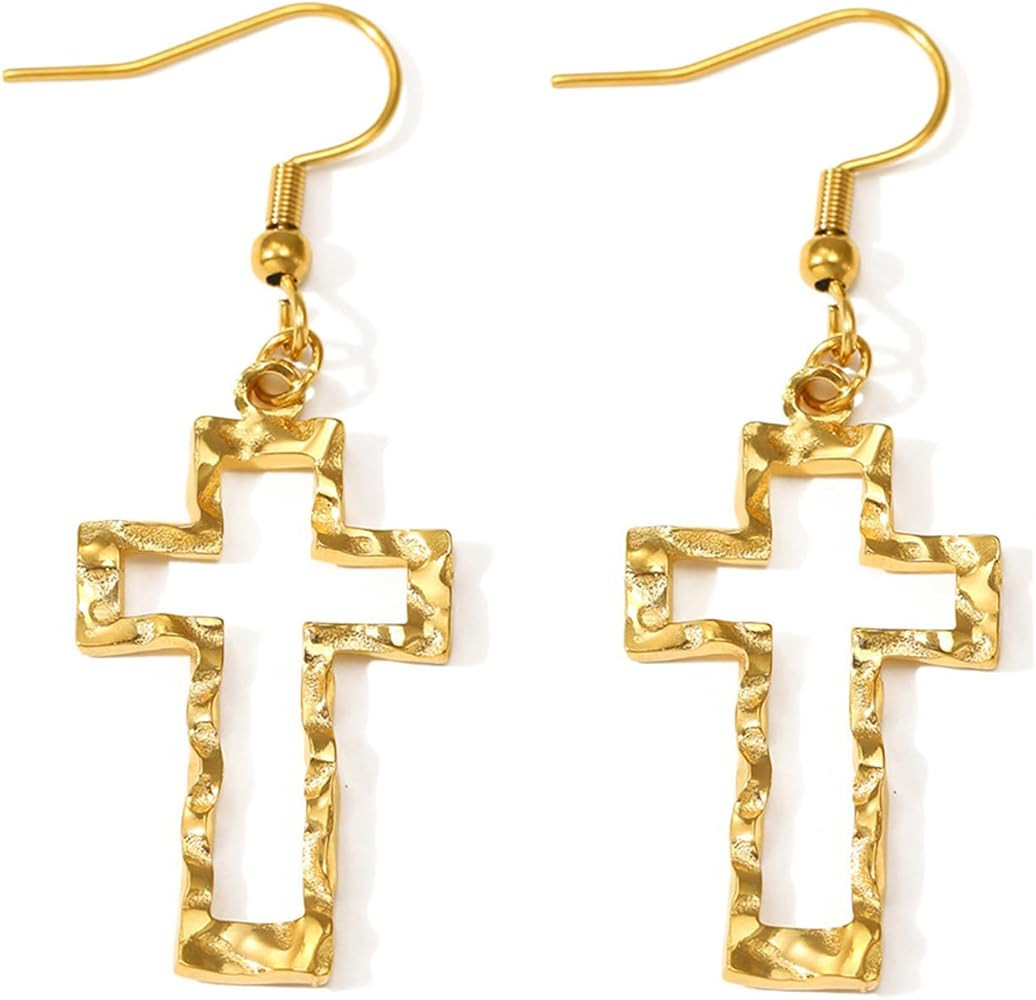 Gold Cross Earrings for Women,Large Hollow Cross Dangle Drop Earrings,Hammered Crucifix Ear Jewel... | Amazon (US)