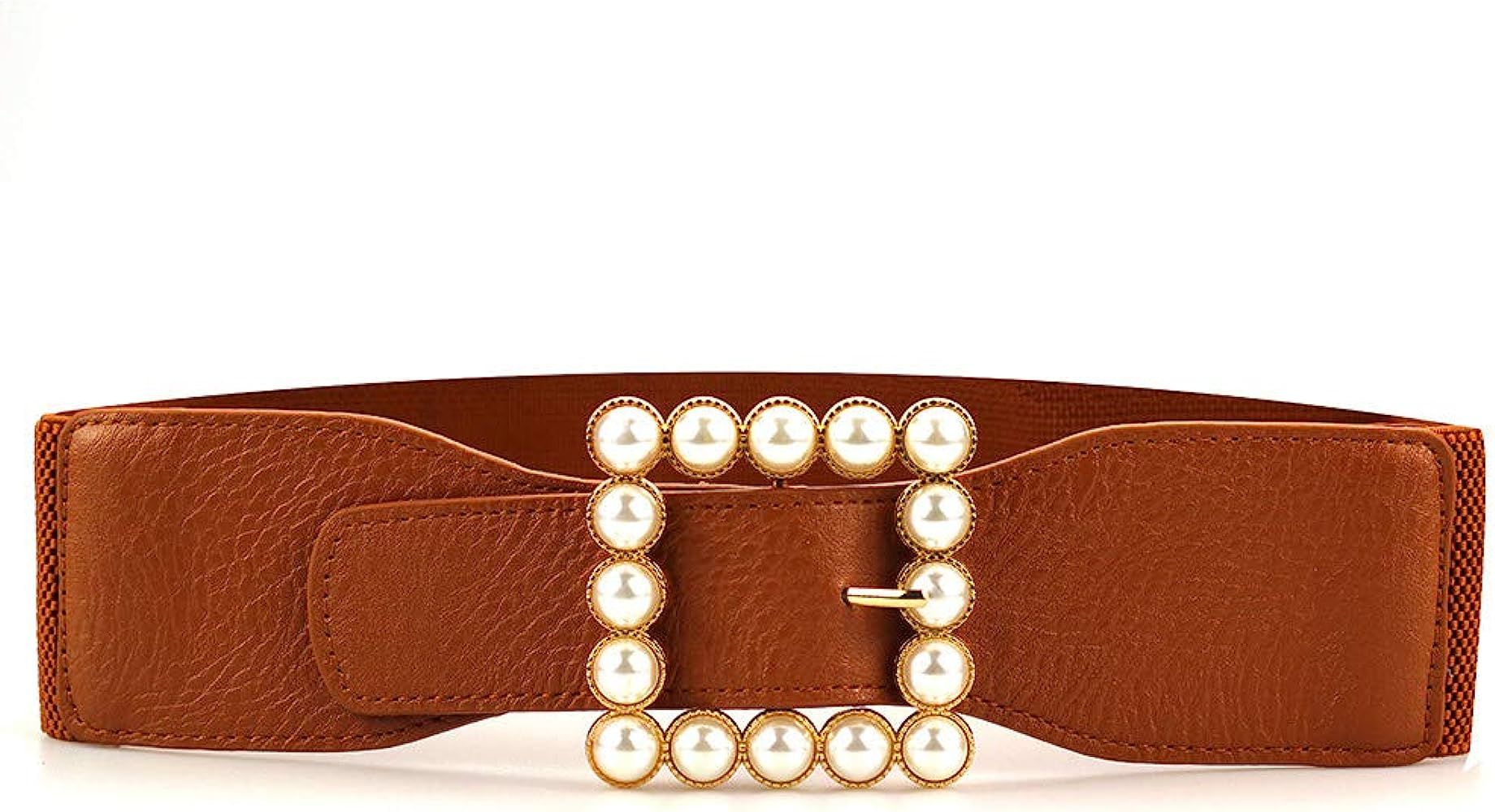 Women's Pearl Crystal Rhinestone Western Designer Buckle Elastic Stretchy Wide Waist Cinch Belt For  | Amazon (US)